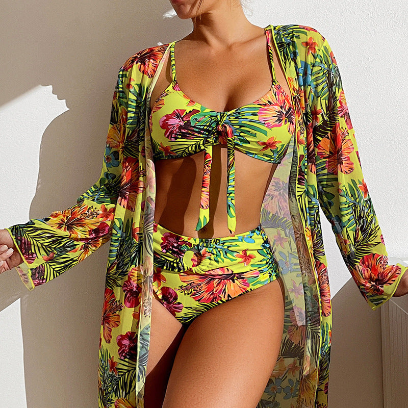 Long Sleeved Blouse Three Piece High Waist Swim Suit