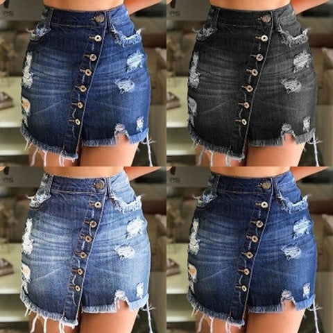Collage of a distressed denim skirt worn by a person, with a neutral background.