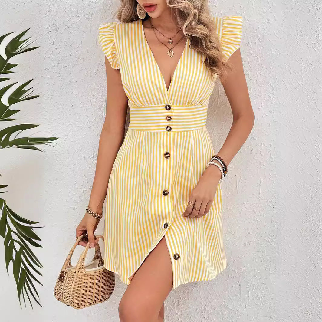 Summer V-neck Single-breasted Fly-sleeve Women's Shirt Dress