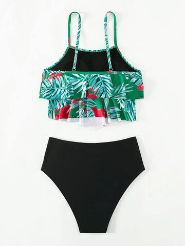 Tropical Print Ruched High Waisted Tankini Summer Beach