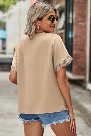 Lace patchwork V-neck solid color base T-shirt chiffon top