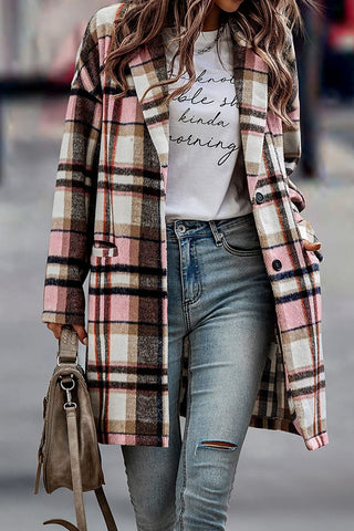 Plaid Woolen Long Jacket With Turndown collars and Pockets