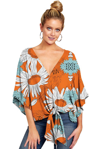 New V Neck Leopard Print Floral Tie Front Blouses