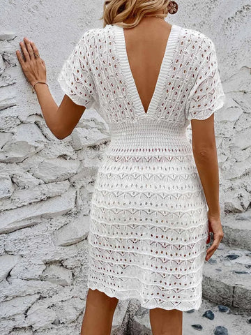 Beach skirt ripple hollow out dress deep V elastic waist