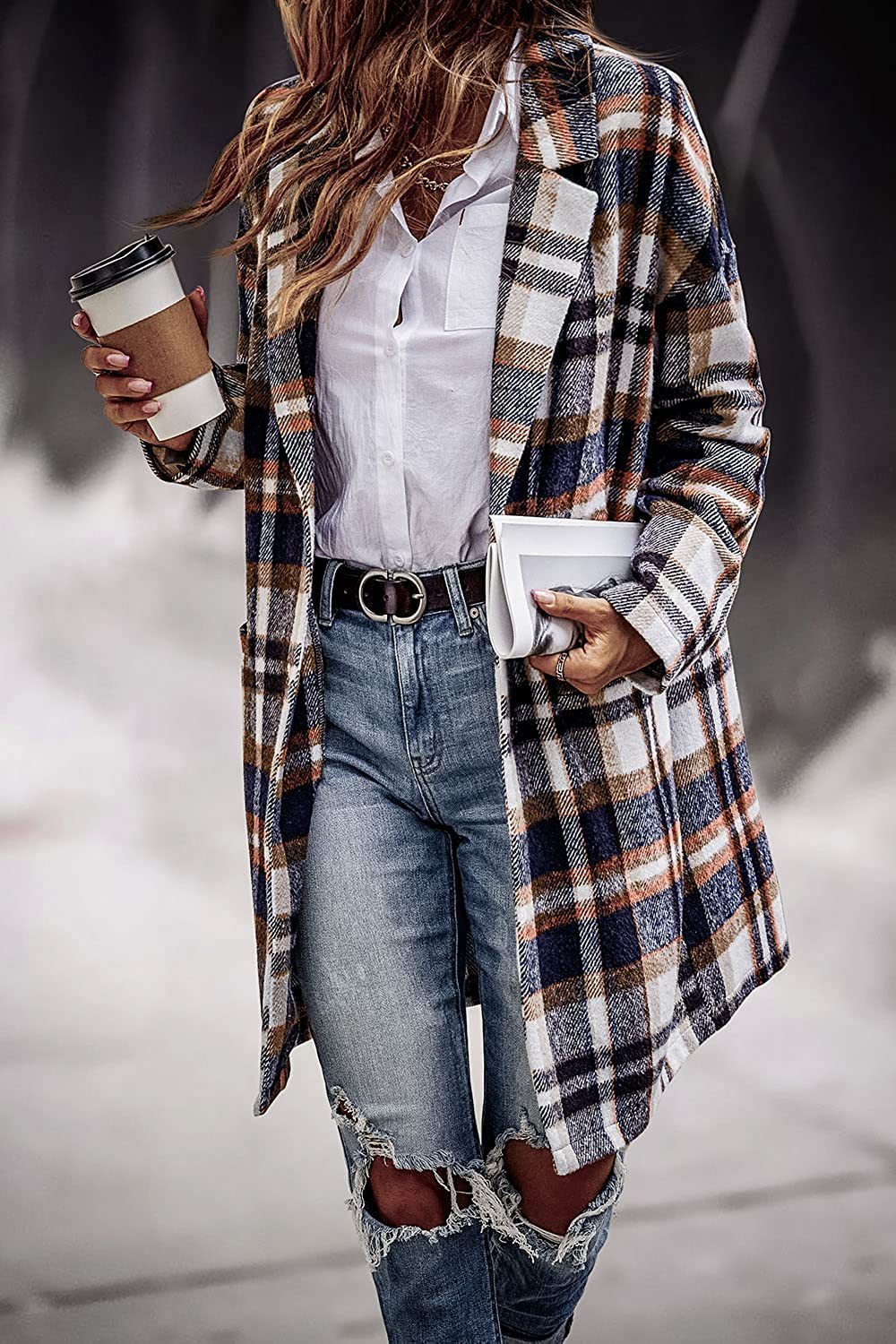 Plaid Woolen Long Jacket With Turndown collars and Pockets