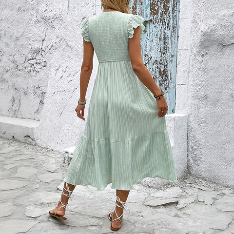 New V-neck slit fresh light green textured dress for women