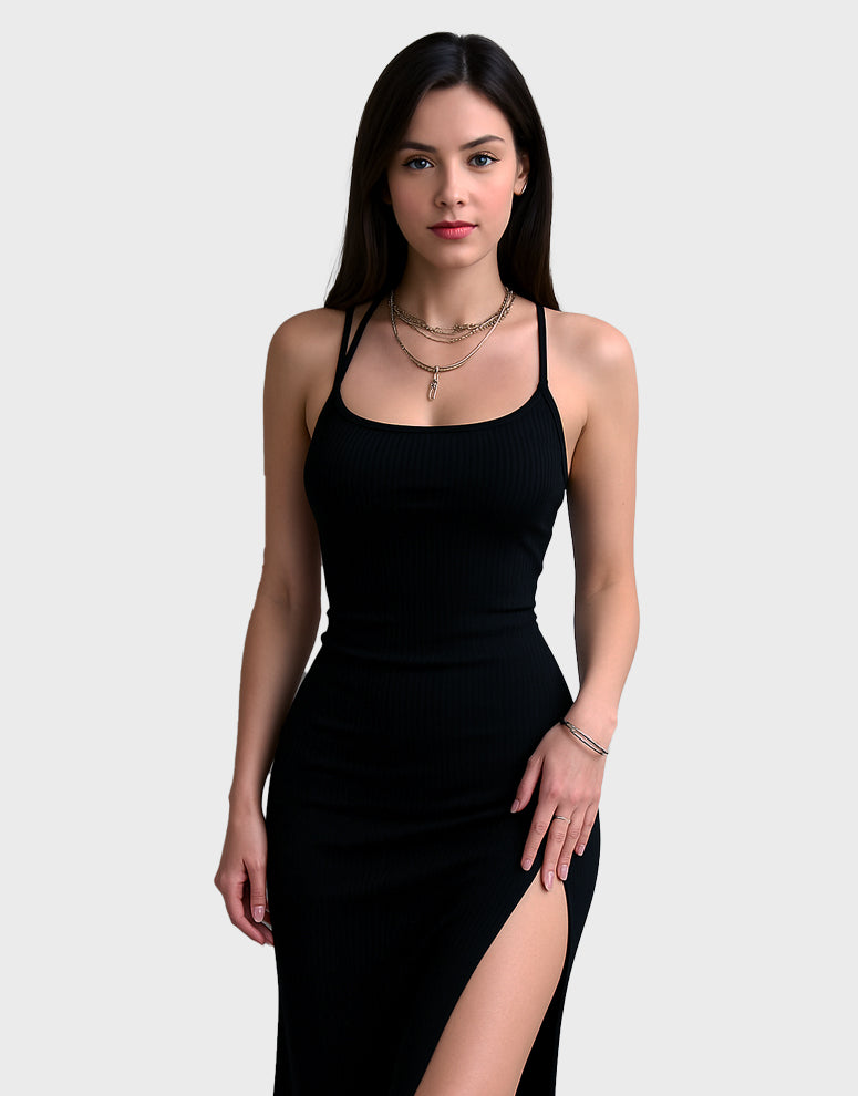 Sexy Black Long Bodycon Dress Women Summer Sleeveless Blackless Halter Neck Spaghetti Strap Dresses High Split Vestidos