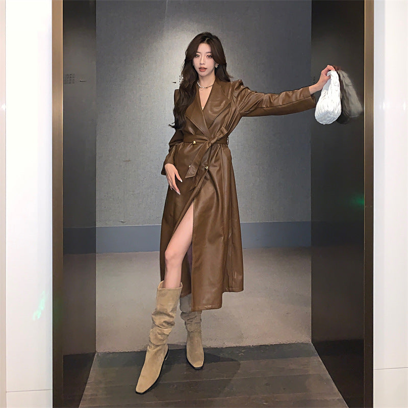 Elegant Leather Lace Up Waist Long Trench Coat