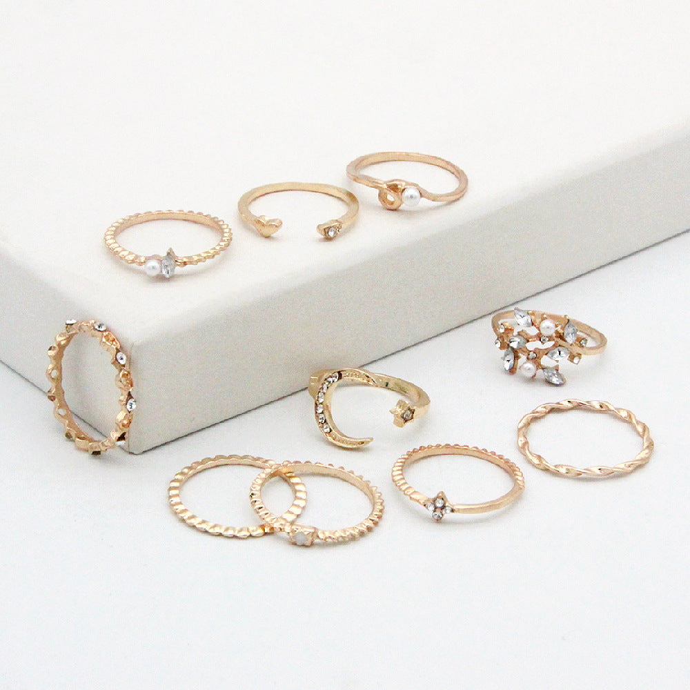 Bohemian Star Moon Love Pearl Leaf 10-Piece Ring