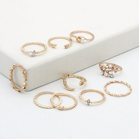 Bohemian Star Moon Love Pearl Leaf 10-Piece Ring