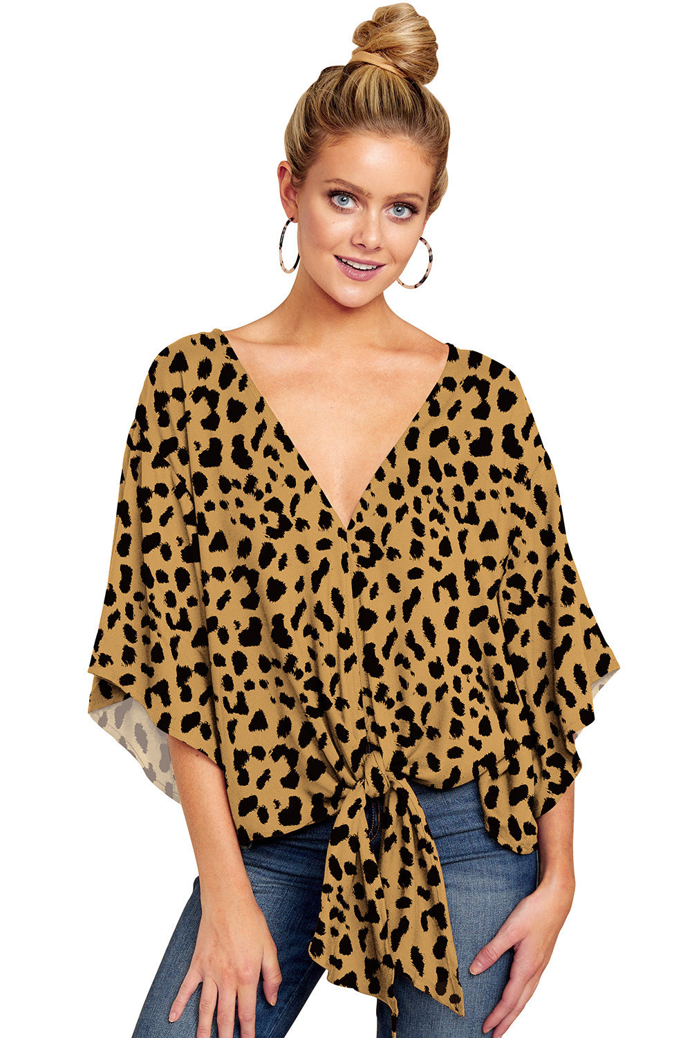 New V Neck Leopard Print Floral Tie Front Blouses