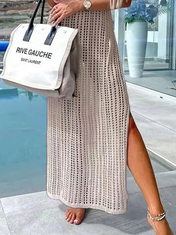 Beach cover shirt casual solid color slit backless knitted camisole dress