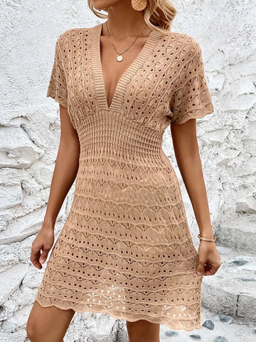 Beach skirt ripple hollow out dress deep V elastic waist