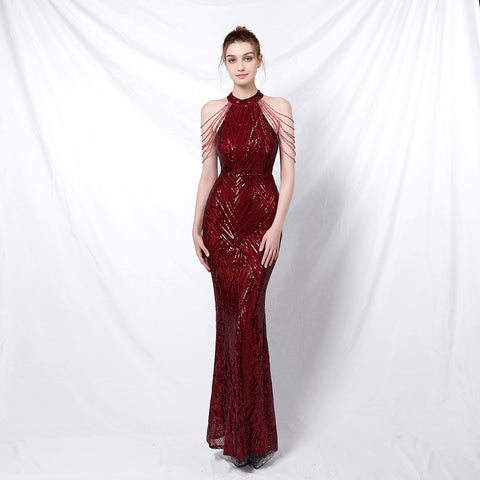 Sequin Fabric Backless Evening Party Dress