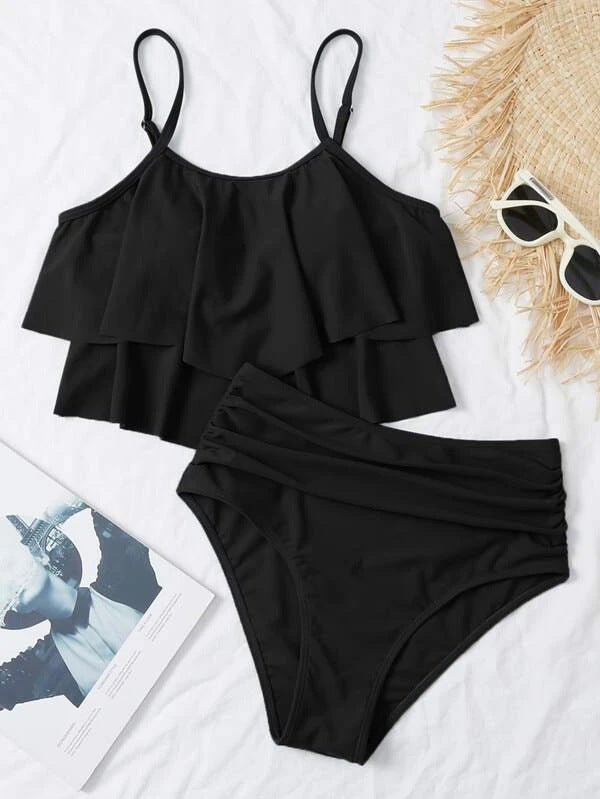 Tropical Print Ruched High Waisted Tankini Summer Beach