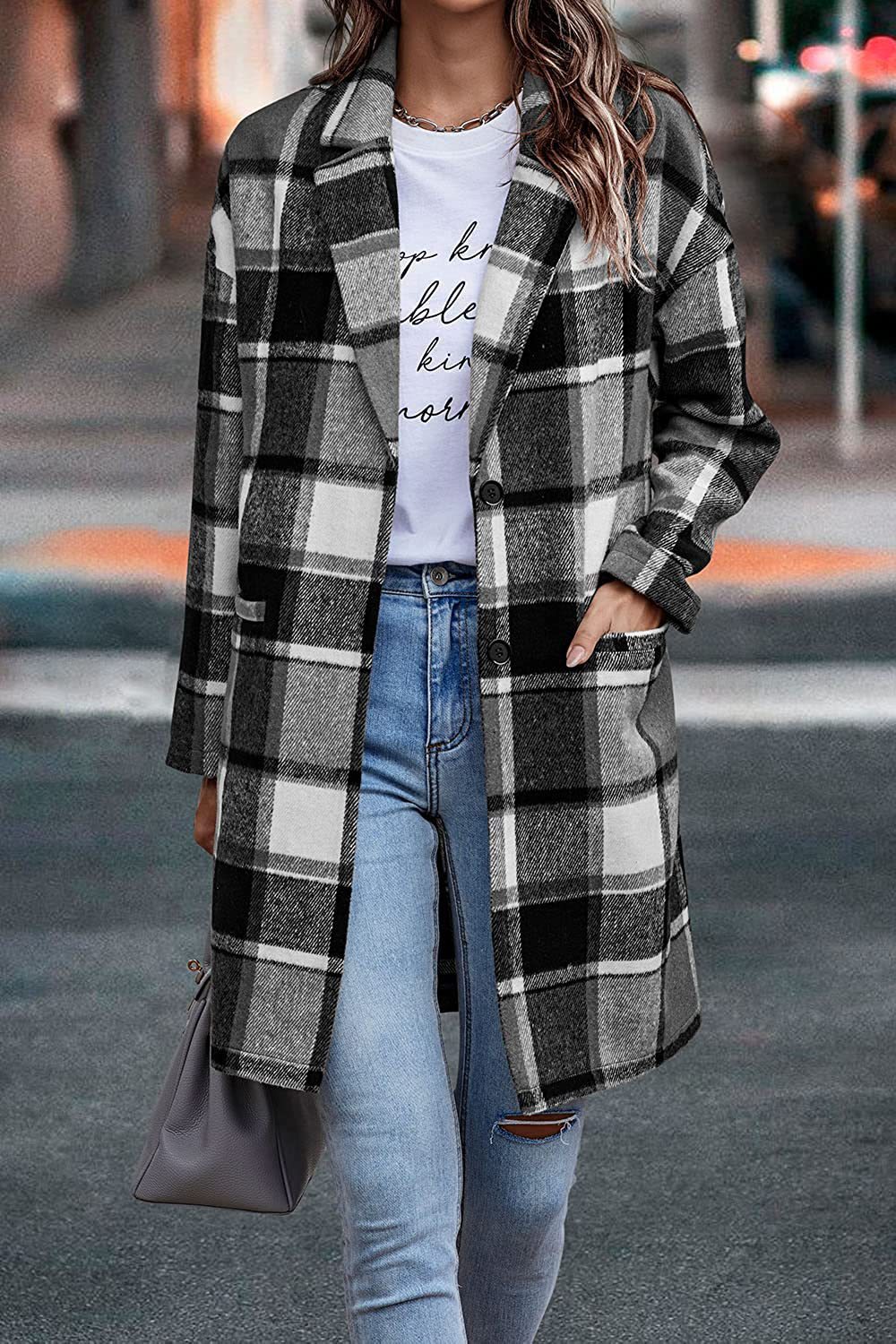 Plaid Woolen Long Jacket With Turndown collars and Pockets