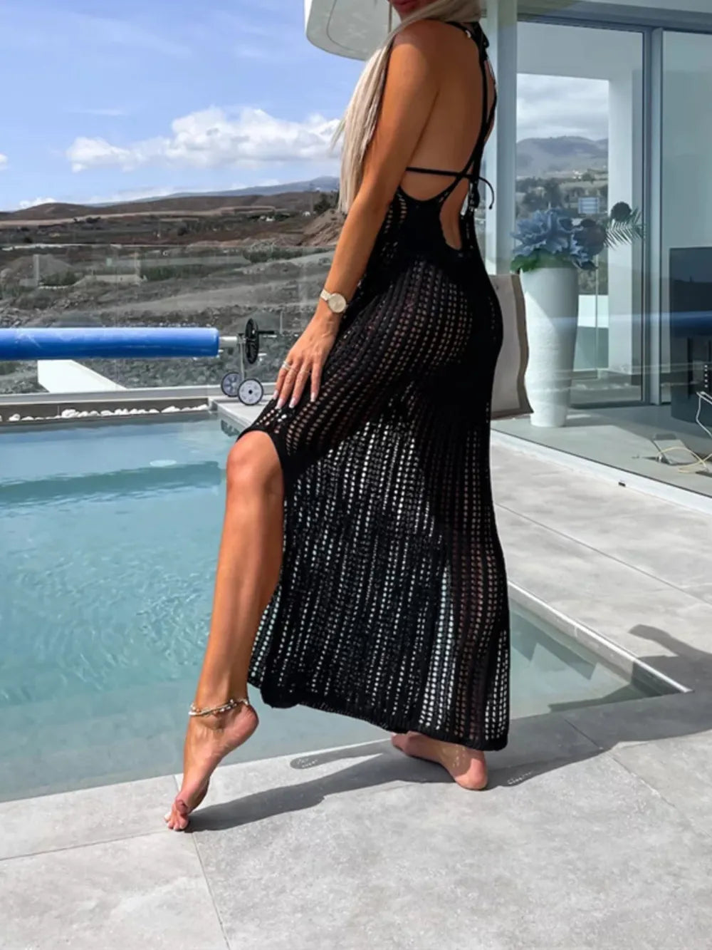 Beach cover shirt casual solid color slit backless knitted camisole dress