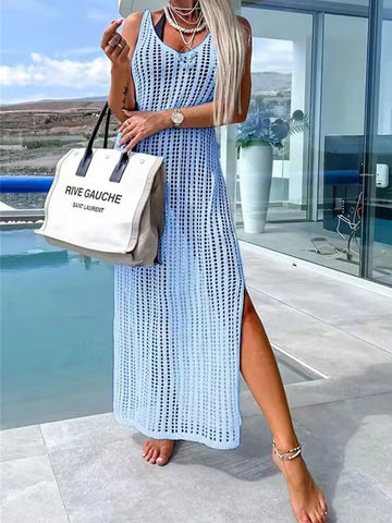 Beach cover shirt casual solid color slit backless knitted camisole dress