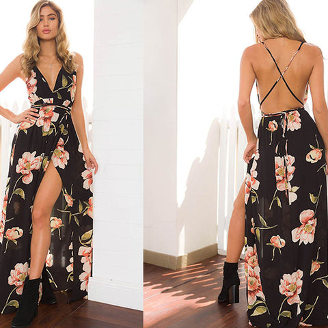 Sleeveless printed low-cut halter strap maxi skirt