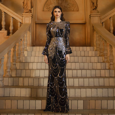 Long Sleeve Slim-fit Sheath Sequined Banquet Fishtail Evening Dress