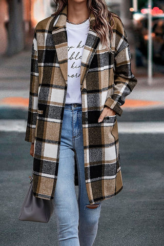 Plaid Woolen Long Jacket With Turndown collars and Pockets