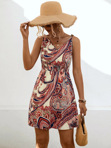 New Boho Style knotted printed drawstring Dress