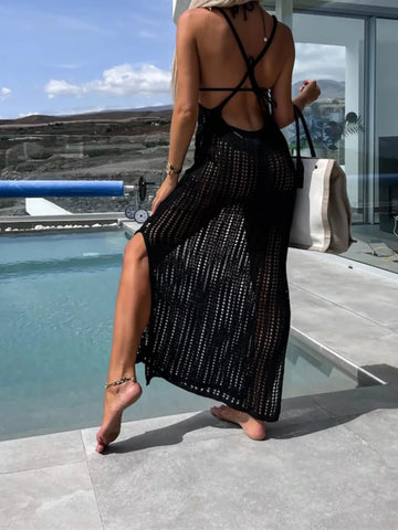 Beach cover shirt casual solid color slit backless knitted camisole dress