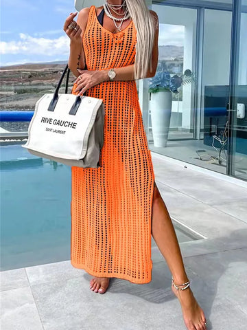 Beach cover shirt casual solid color slit backless knitted camisole dress