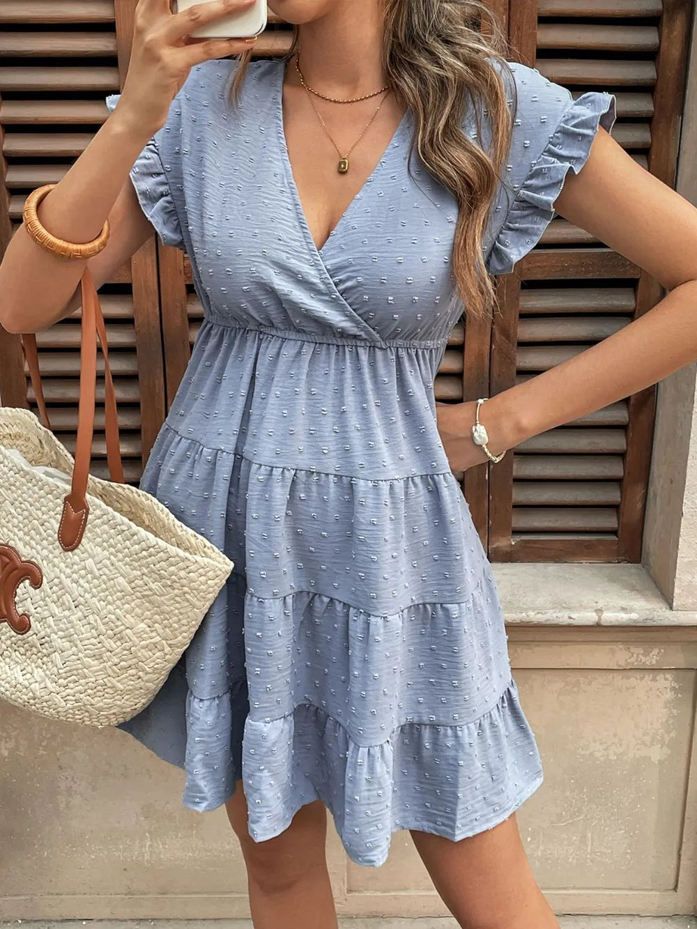 Dress jacquard texture V-neck casual versatile solid color short skirt for women