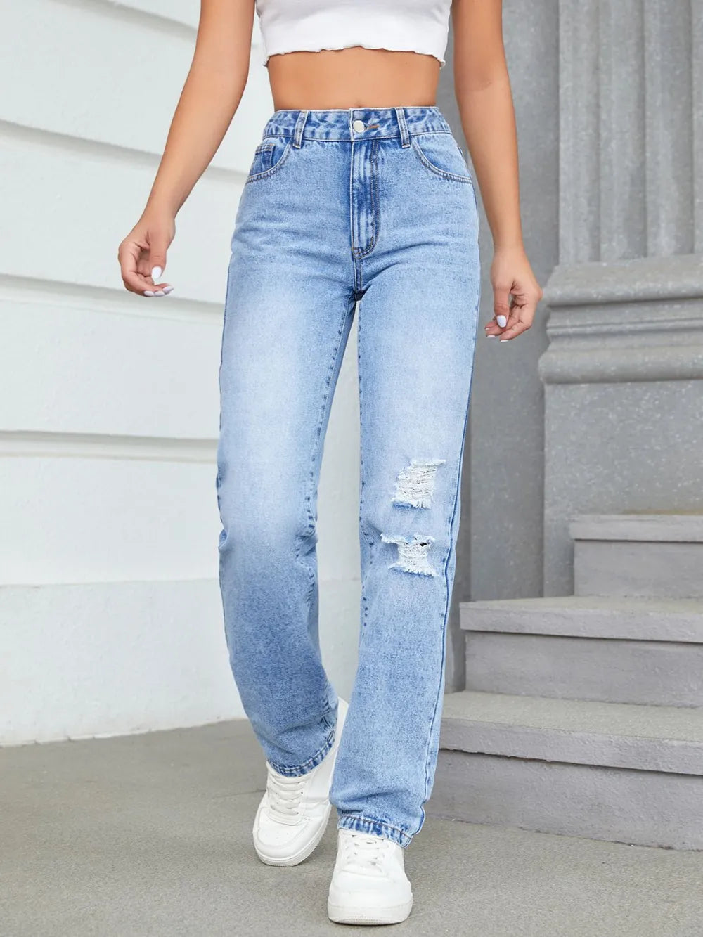 Loose high waisted casual ripped straight leg jeans and pants