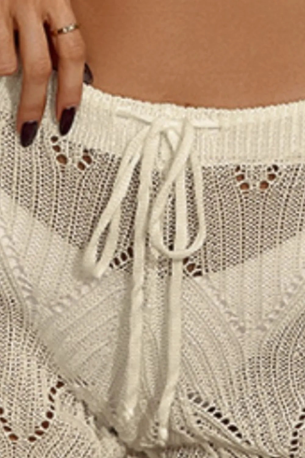 Hook flower hollowed out beach shorts with drawstring