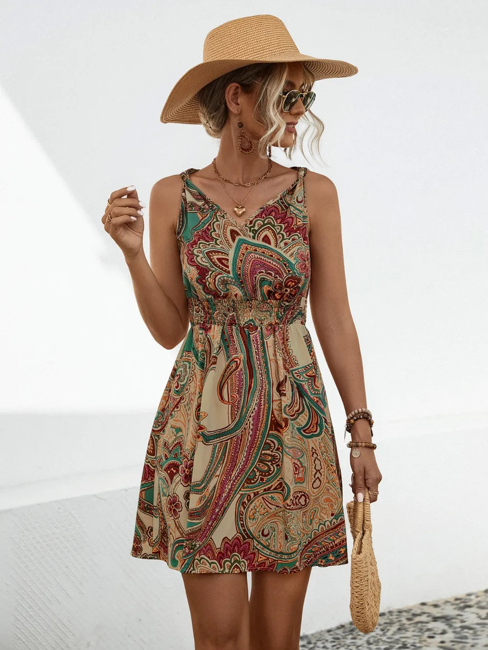 New Boho Style knotted printed drawstring Dress