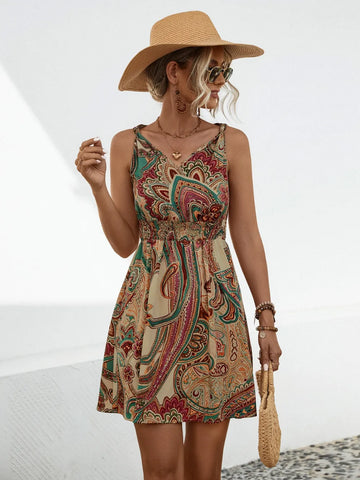 New Boho Style knotted printed drawstring Dress