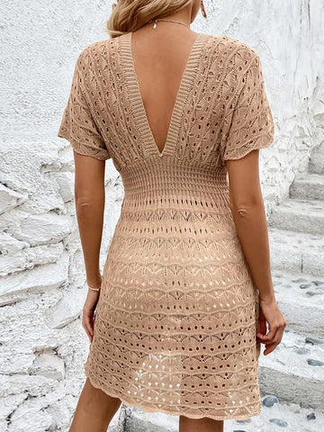 Beach skirt ripple hollow out dress deep V elastic waist