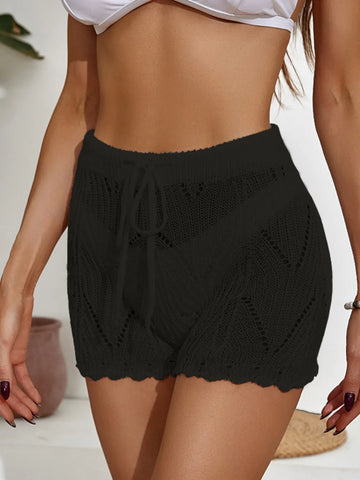 Hook flower hollowed out beach shorts with drawstring