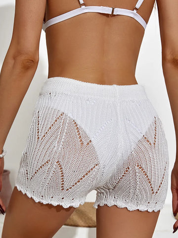 Hook flower hollowed out beach shorts with drawstring