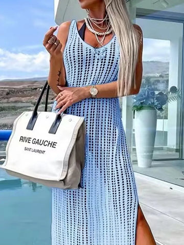 Beach cover shirt casual solid color slit backless knitted camisole dress