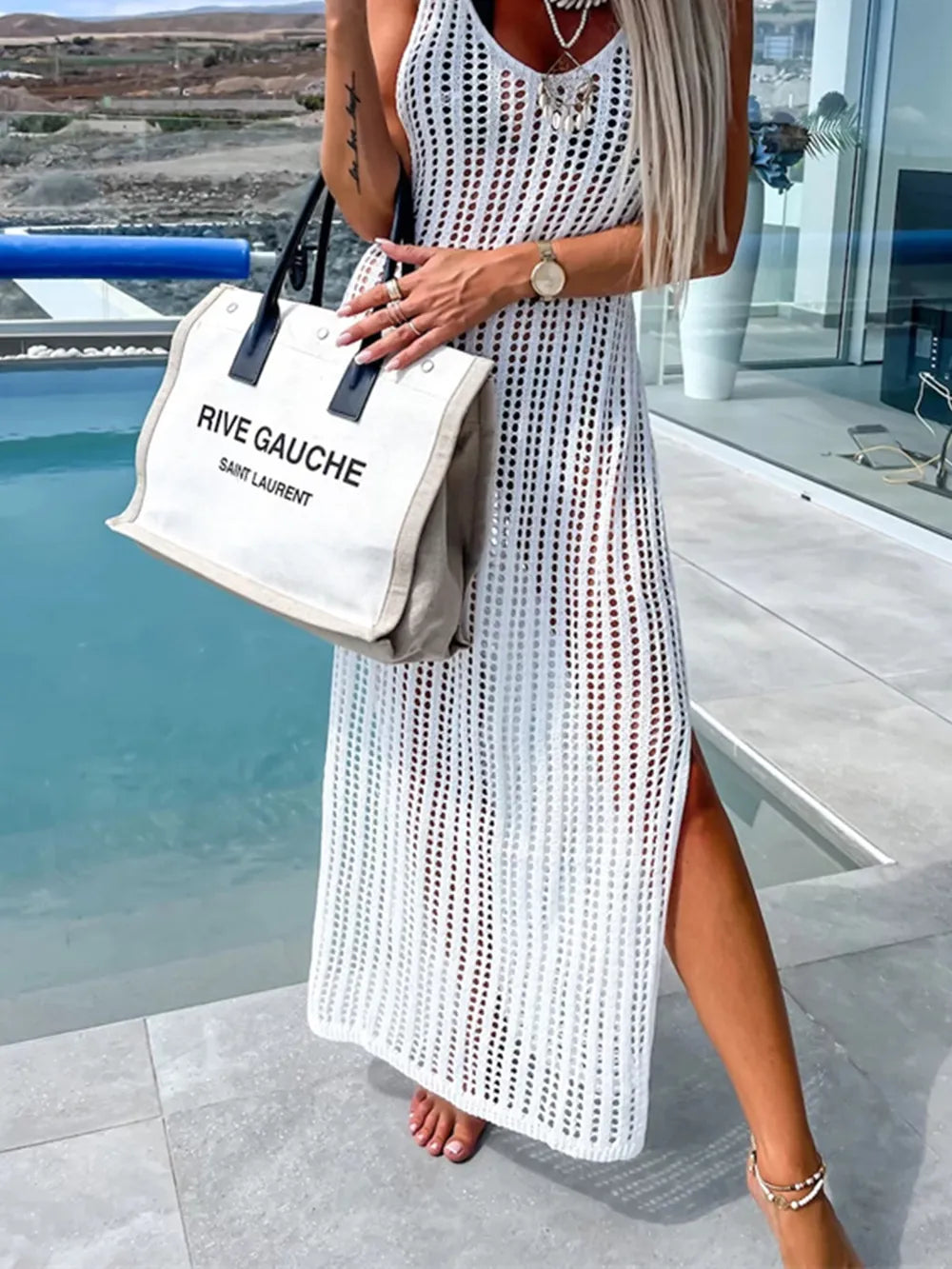 Beach cover shirt casual solid color slit backless knitted camisole dress