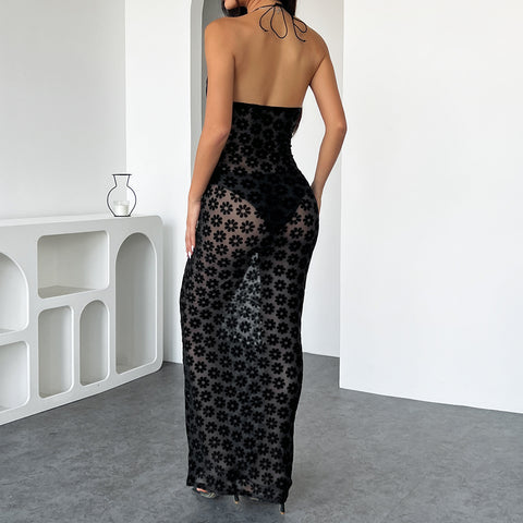 Hanging neck perspective low cut metal ring hollow sexy hip hugging dress for women