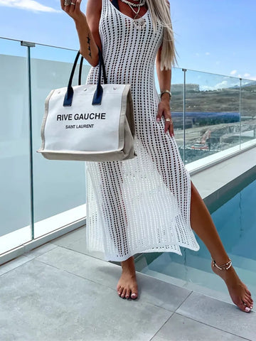 Beach cover shirt casual solid color slit backless knitted camisole dress