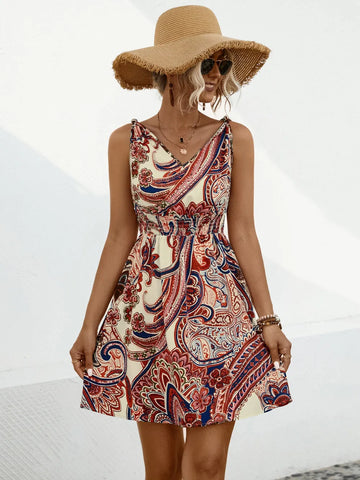 New Boho Style knotted printed drawstring Dress