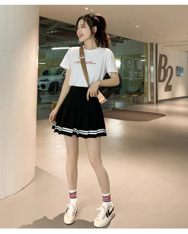 High Waist Striped Pleated Skirt with Lining