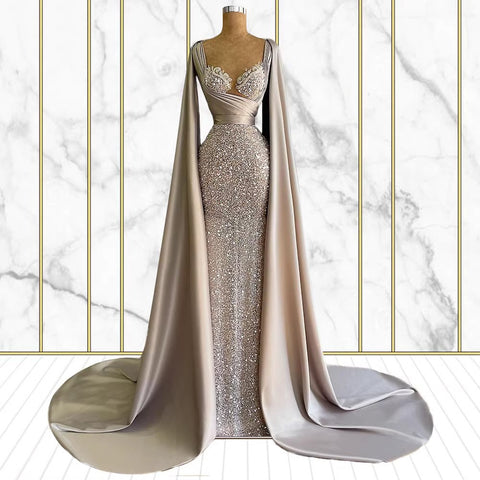 Luxurious Embellished Cape Evening Gown