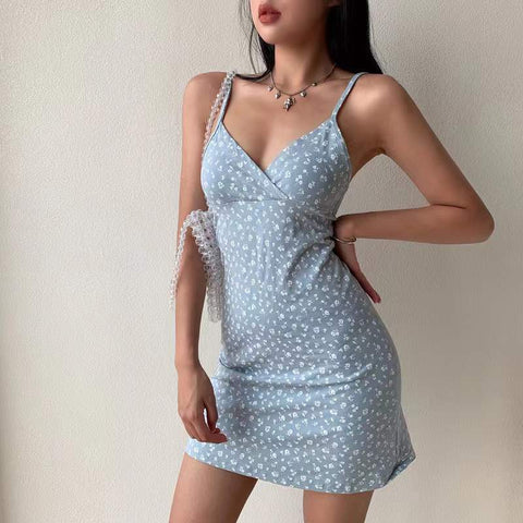 European and American pure desire retro printed V-neck sling dress women's summer 2024 New floral suspender dress women's foreign trade