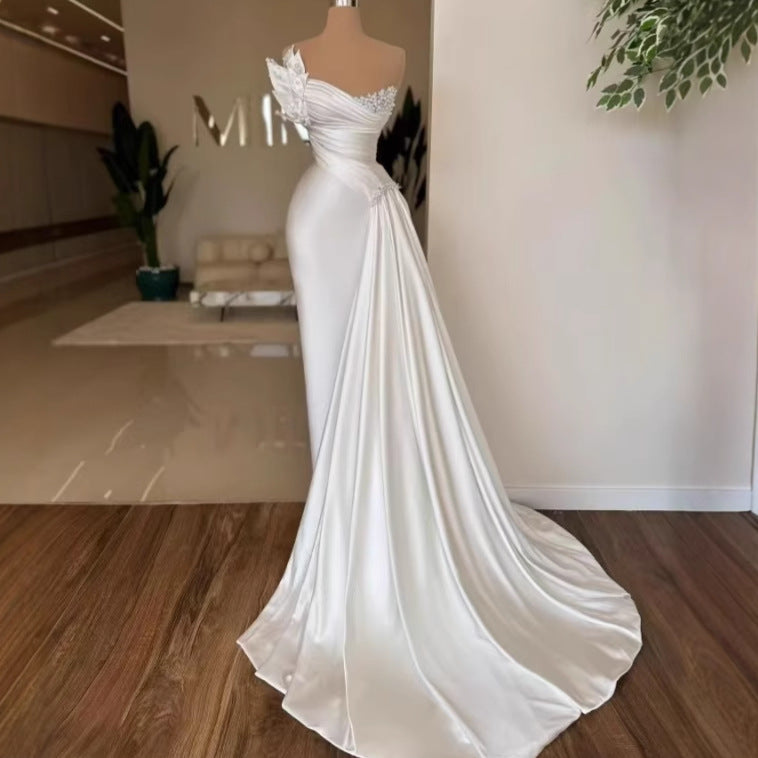White Graceful Satin Lightweight Wedding Gown