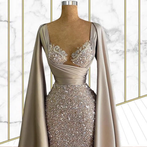 Luxurious Embellished Cape Evening Gown