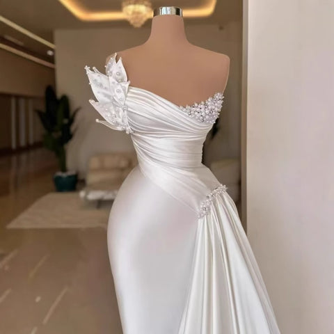 White Graceful Satin Lightweight Wedding Gown