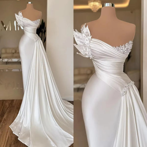 White Graceful Satin Lightweight Wedding Gown