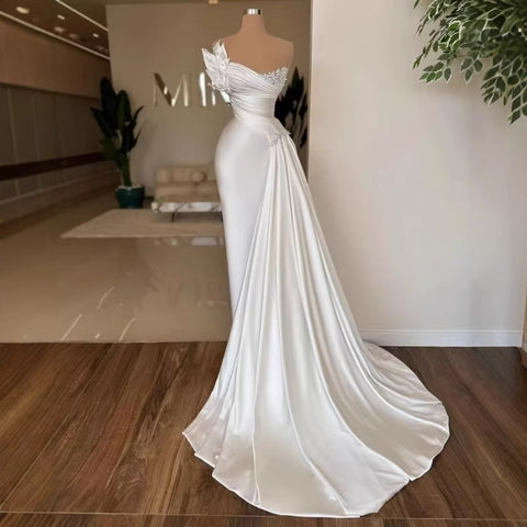 White Graceful Satin Lightweight Wedding Gown