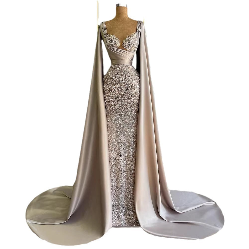 Luxurious Embellished Cape Evening Gown